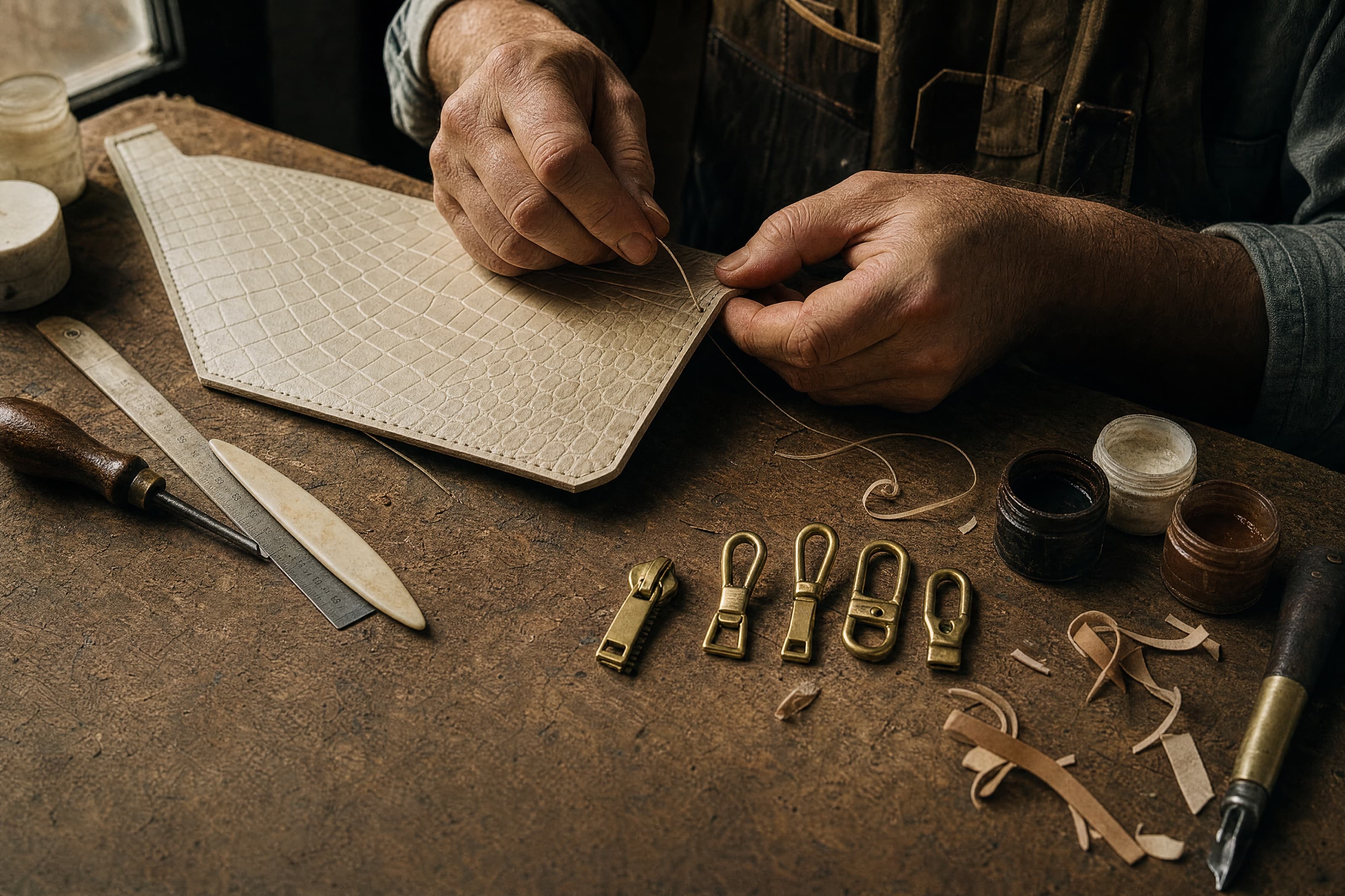 An artisan hand-stitching a croc-embossed leather panel at the workbench, brass hardware laid out beside it