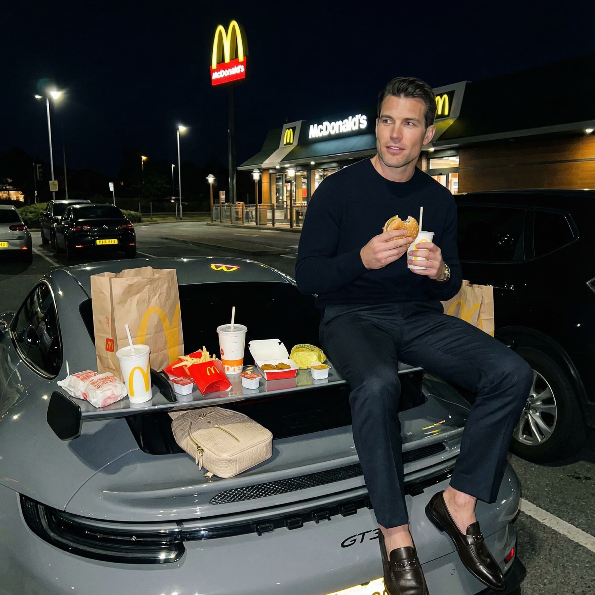 GENA sling bag resting on a sports car at a late-night drive-through