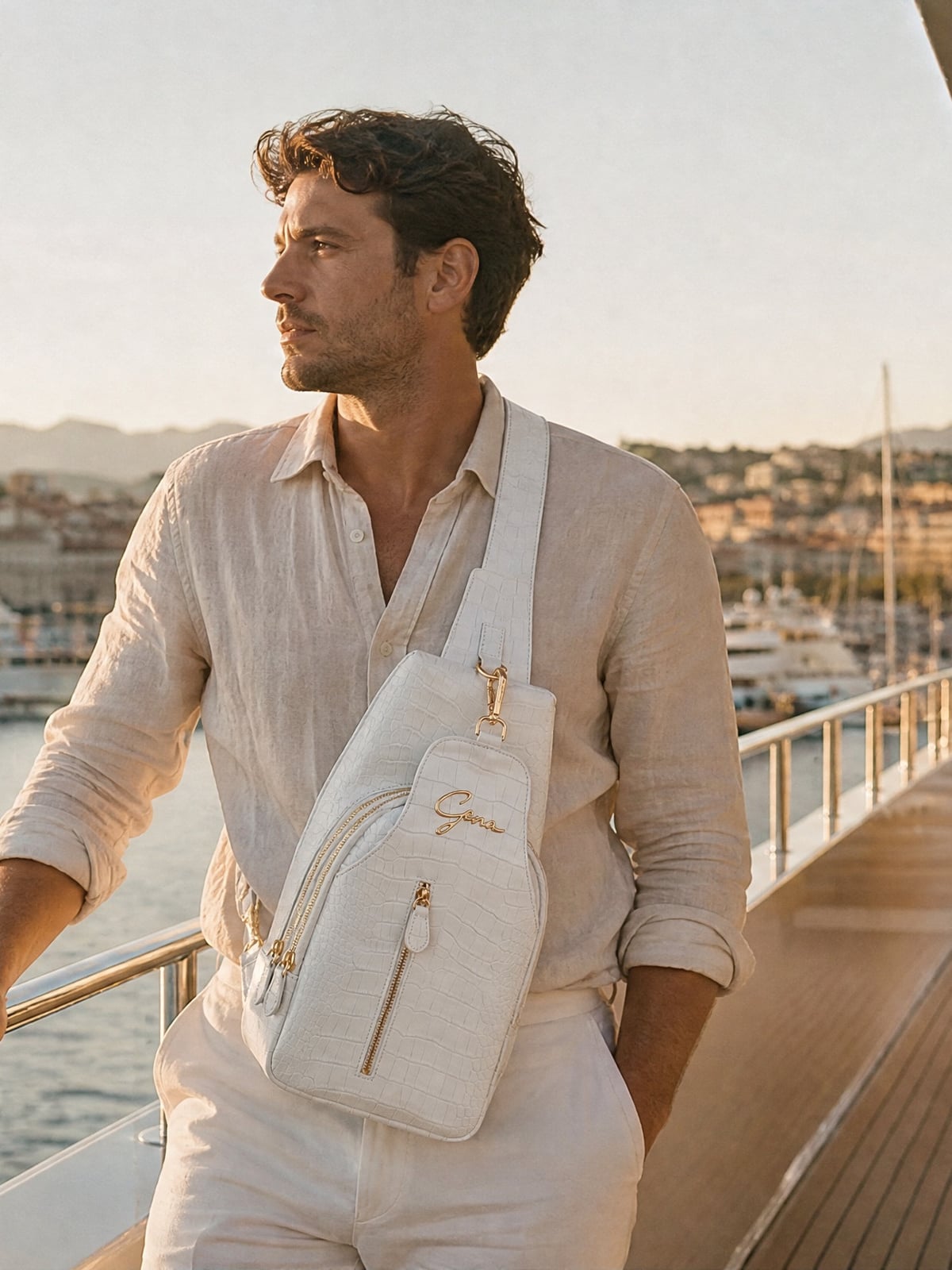White GENA sling bag worn on a yacht deck in the Cannes harbor at golden hour